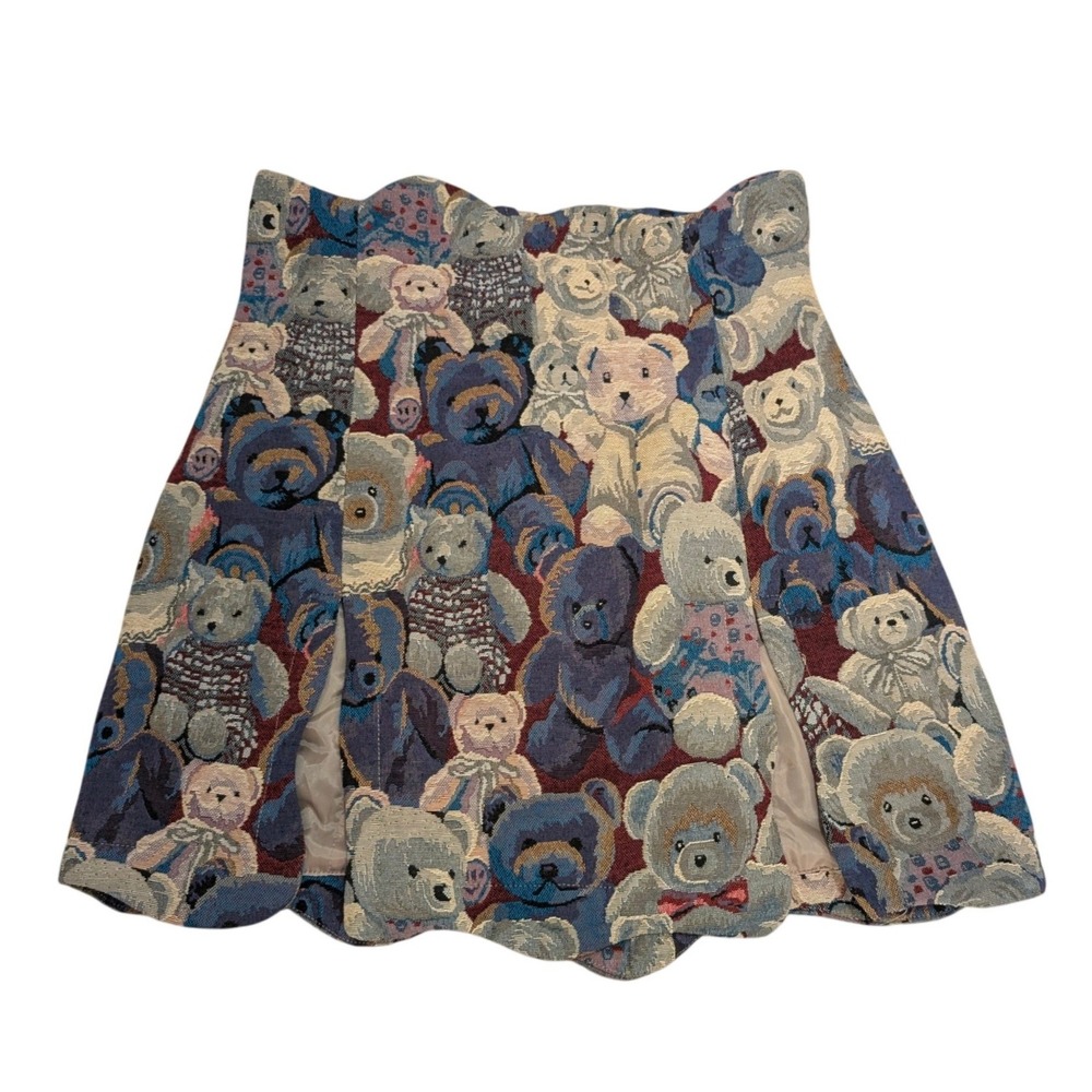 Fashion Brand Company Ink Stain Mini Skirt Teddy Bear Tapestry Scalloped Hem M